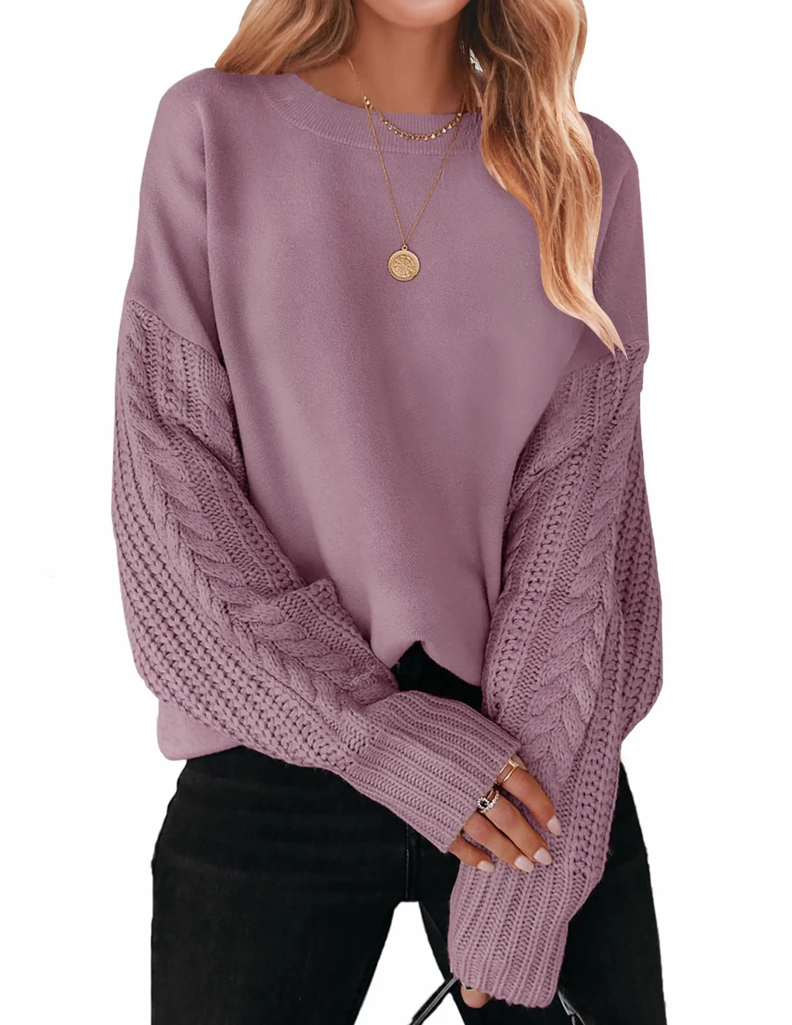 ZESICA Long Sleeve Crew Neck Cable Knit Sweater