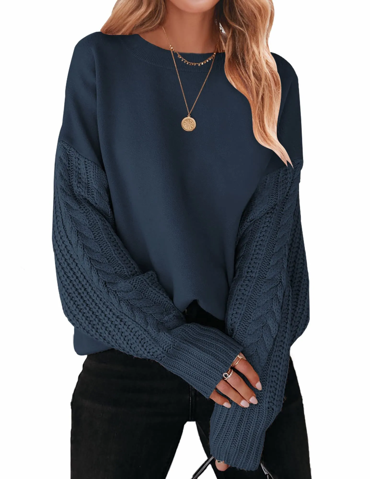 ZESICA Long Sleeve Crew Neck Cable Knit Sweater
