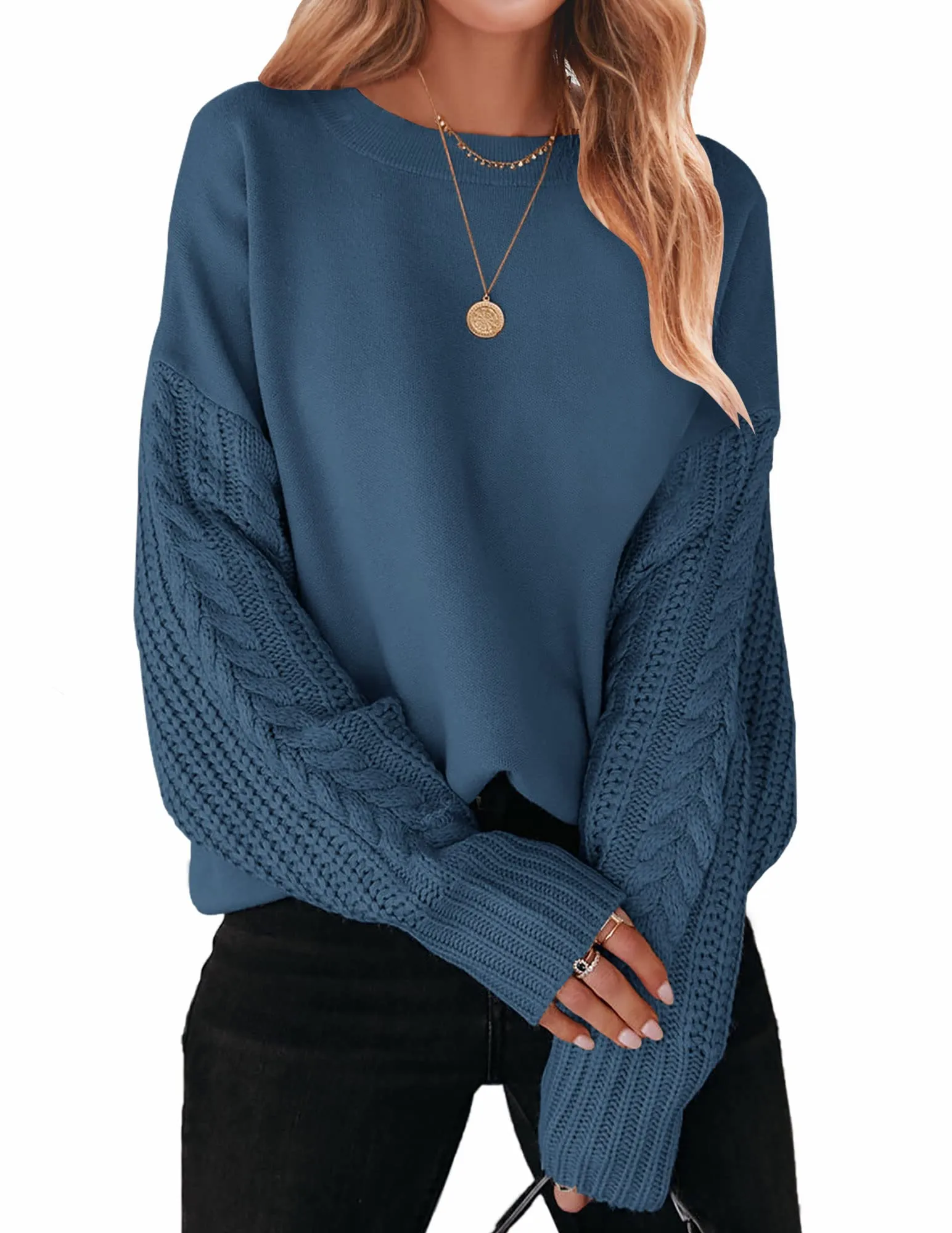 ZESICA Long Sleeve Crew Neck Cable Knit Sweater